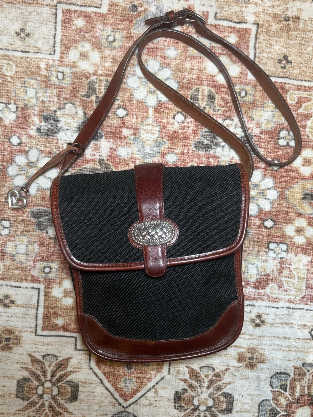 VTG Brighton Black Canvas Shoulder Crossbody Bag - Brown Leather Trim